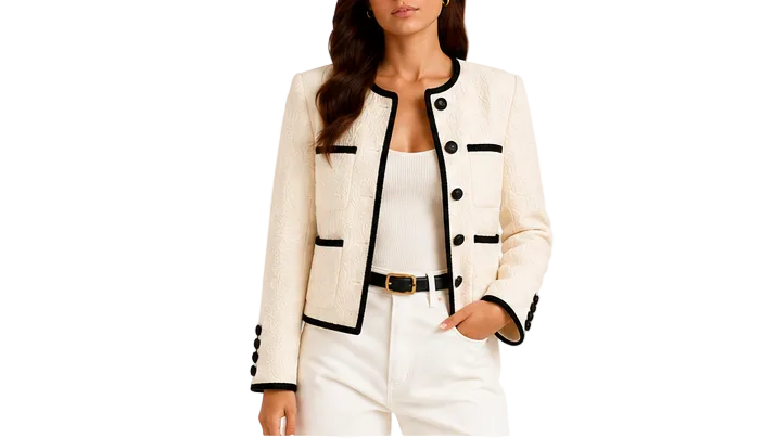 Veronica Beard Cream Textured Cropped Jacket with Black Contrast Trim - 6