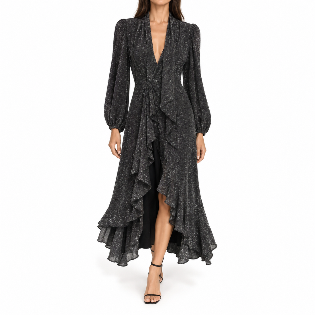 PatBO Metallic Mesh High-Low Wrap Dress, Pewter - 2