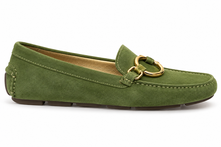 Prada Green Suede Driving Loafers with Gold Ring Hardware- 38
