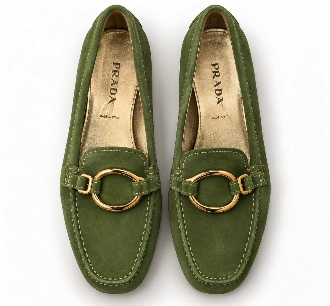 Prada Green Suede Driving Loafers with Gold Ring Hardware- 38