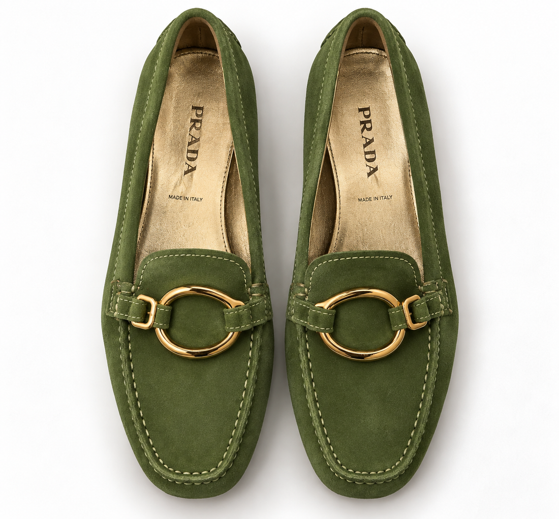 Prada Green Suede Driving Loafers with Gold Ring Hardware- 38