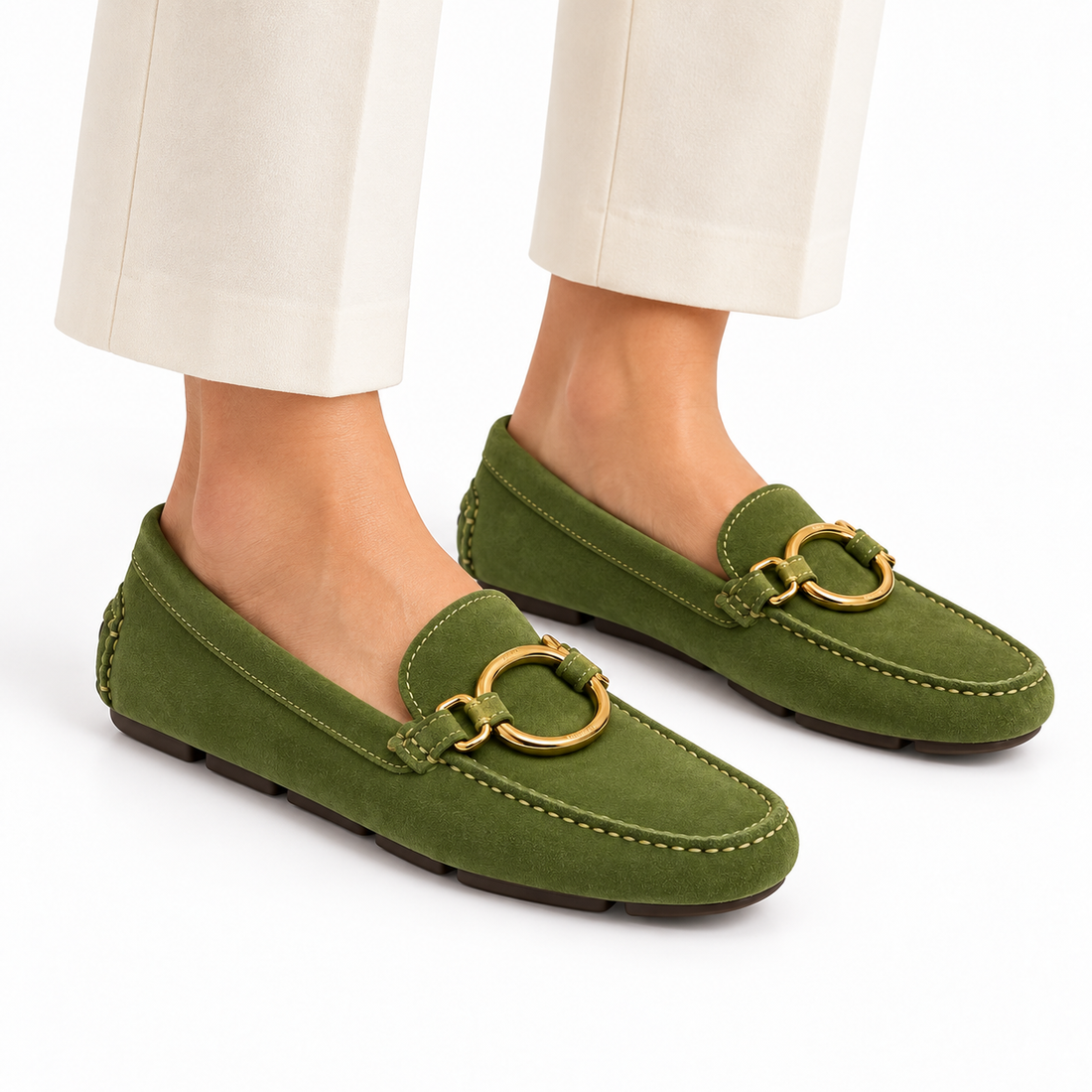 Prada Green Suede Driving Loafers with Gold Ring Hardware- 38