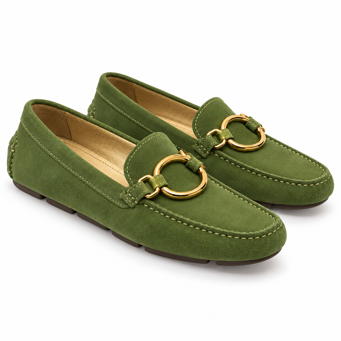 Prada Green Suede Driving Loafers with Gold Ring Hardware- 38