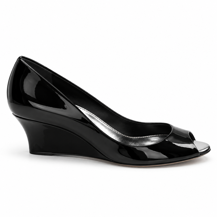 Gucci Patent Leather Peep-Toe Wedge Pumps - 38