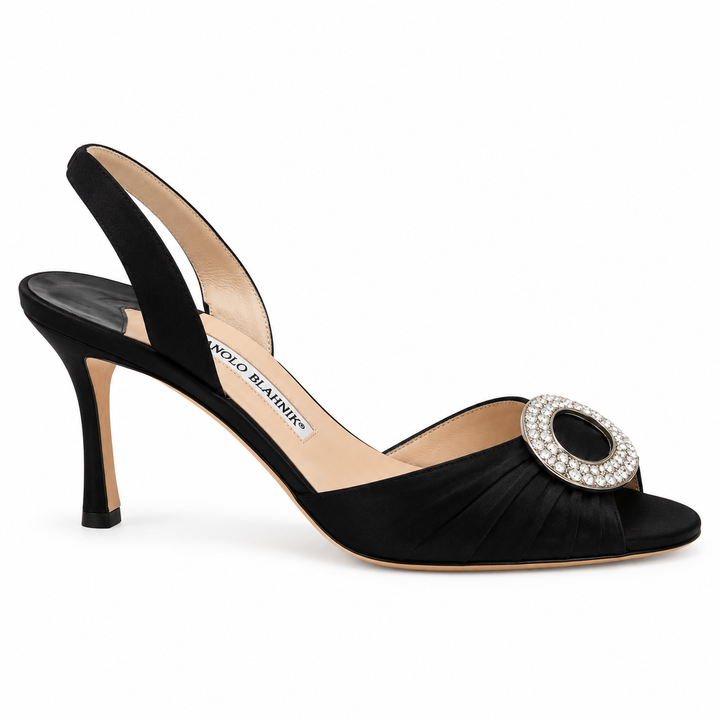 Manolo Blahnik Black Satin Crystal-Buckle Slingback Heels - 38