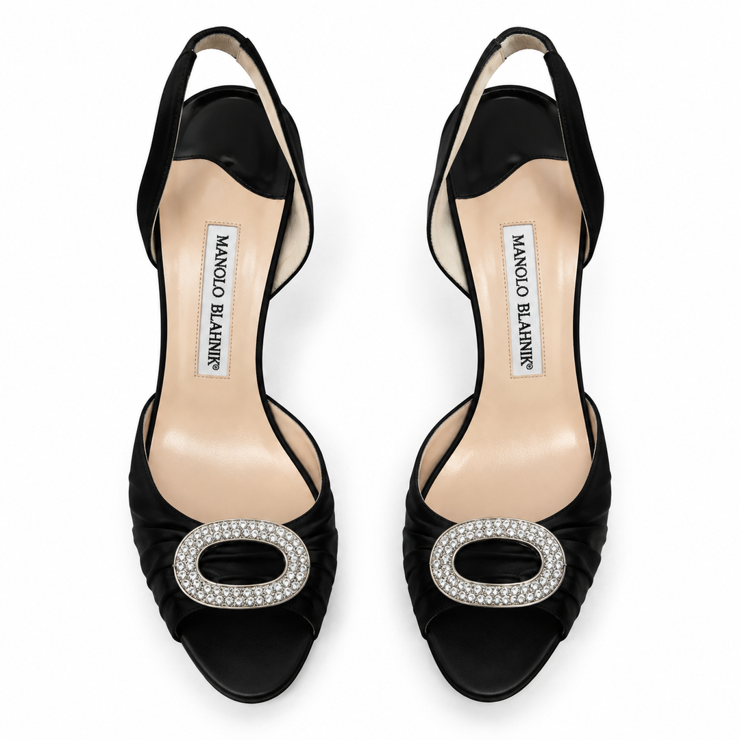 Manolo Blahnik Black Satin Crystal-Buckle Slingback Heels - 38