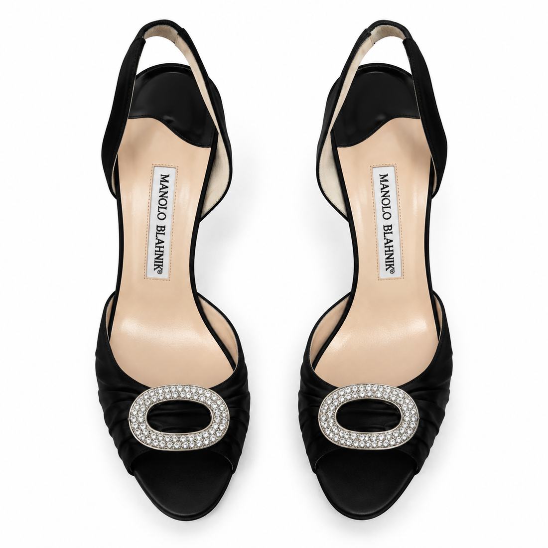 Manolo Blahnik Black Satin Crystal-Buckle Slingback Heels - 38