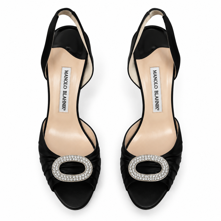Manolo Blahnik Black Satin Crystal-Buckle Slingback Heels - 38