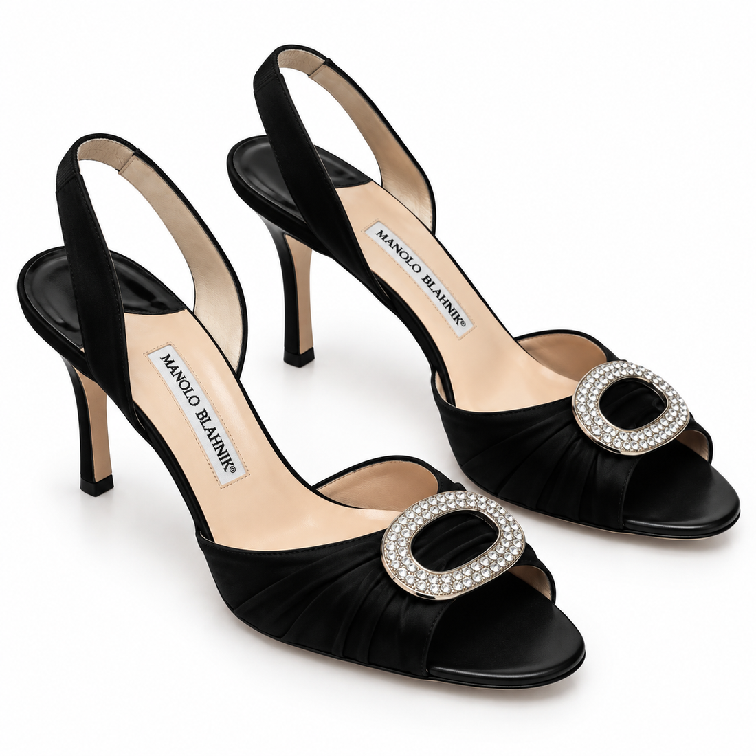 Manolo Blahnik Black Satin Crystal-Buckle Slingback Heels - 38