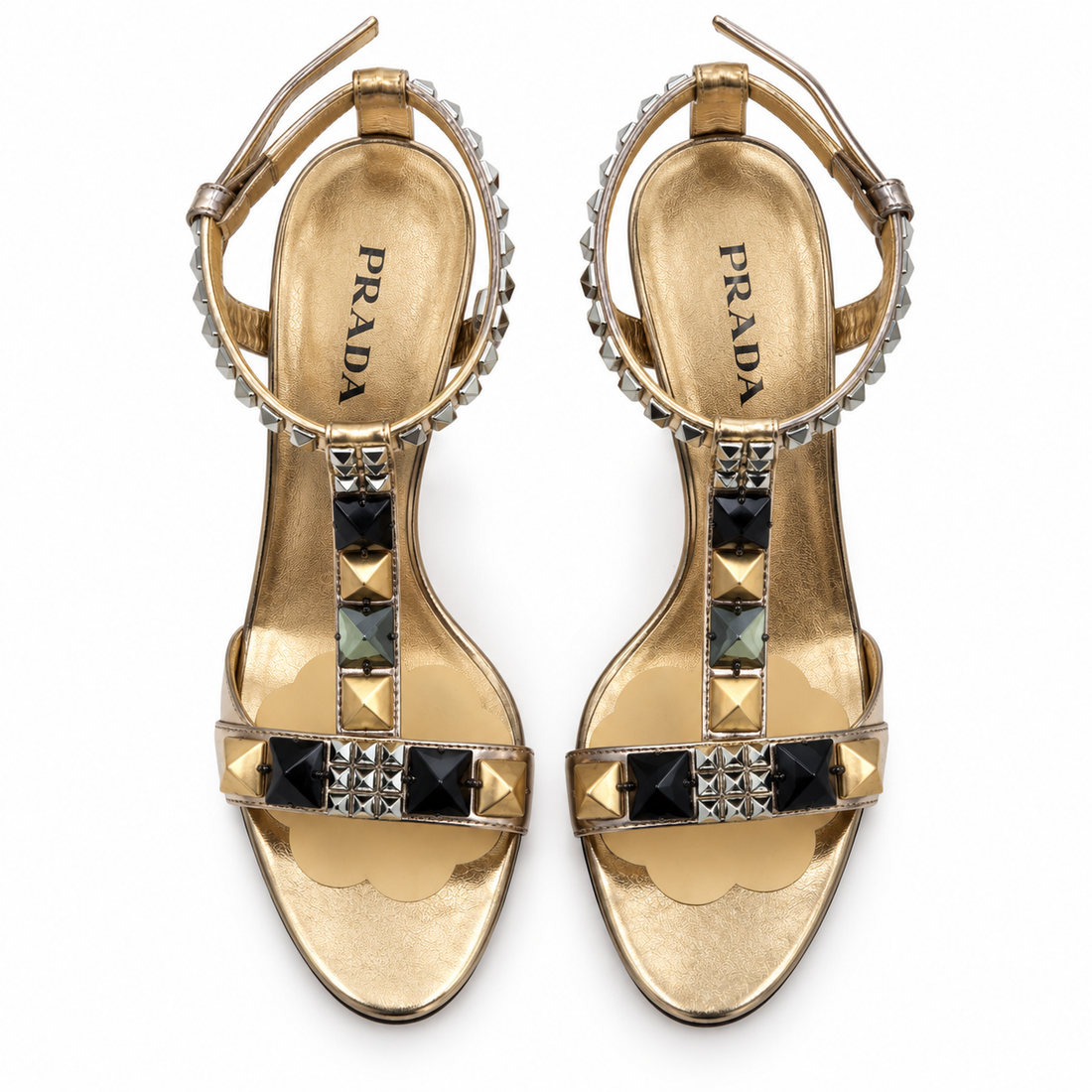 Prada Metallic Studded T-Strap Block-Heel Sandals - 38