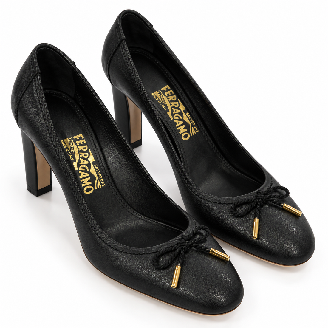 Salvatore Ferragamo Black Leather Bow Block-Heel Pumps - 8.5