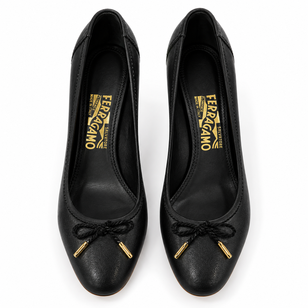 Salvatore Ferragamo Black Leather Bow Block-Heel Pumps - 8.5