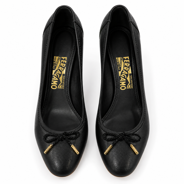 Salvatore Ferragamo Black Leather Bow Block-Heel Pumps - 8.5