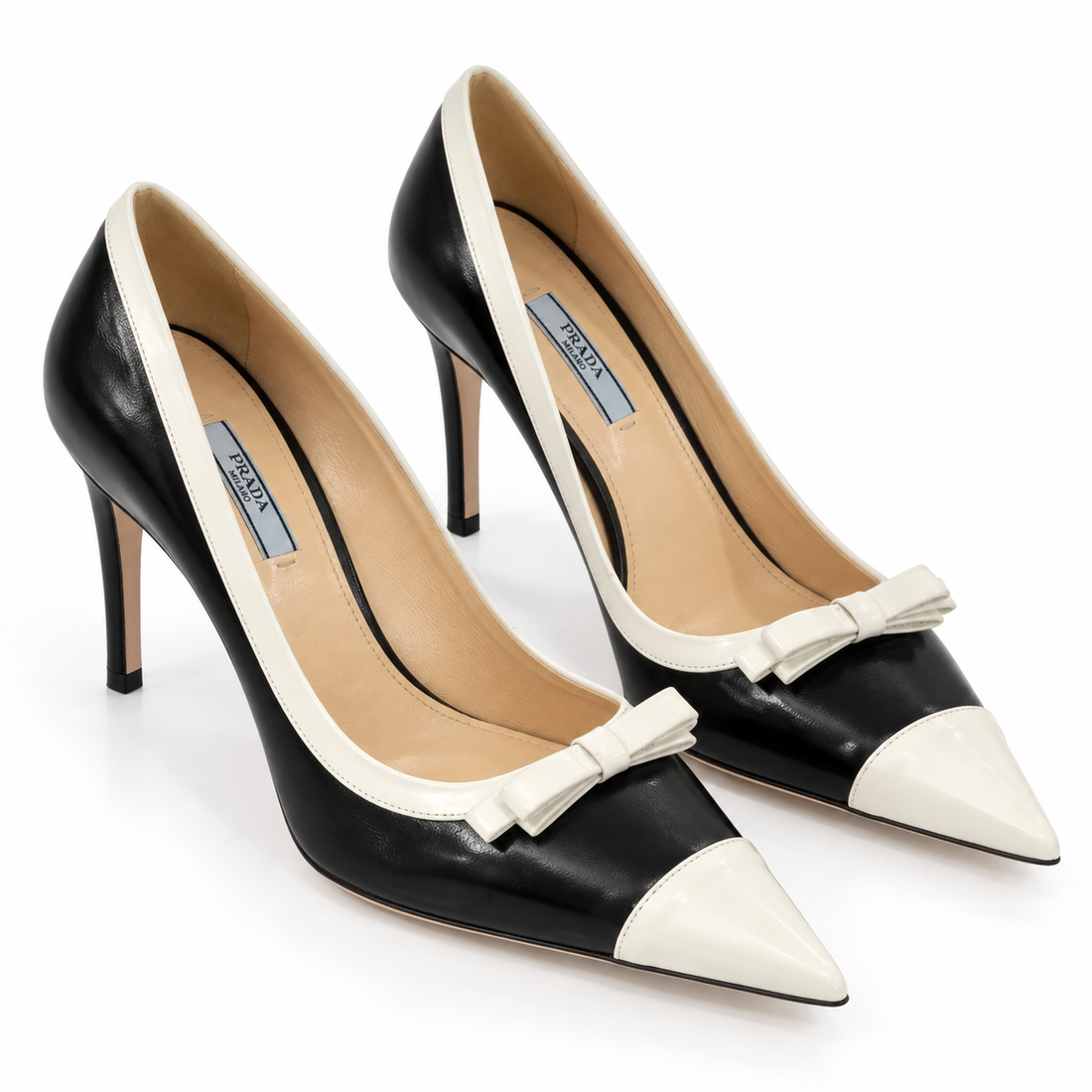 Prada Black & White Leather Bow Pointed-Toe Pumps - 37.5