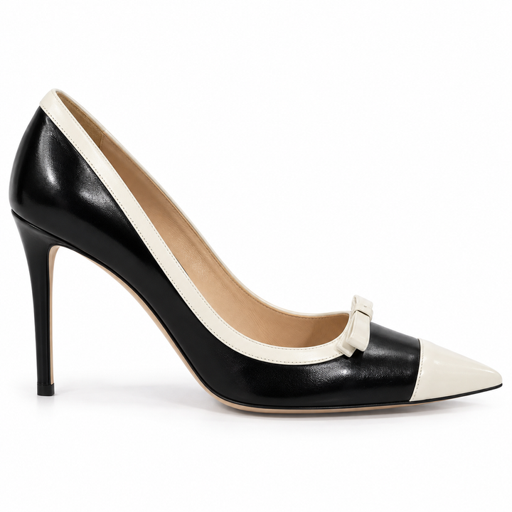 Prada Black &amp; White Leather Bow Pointed-Toe Pumps - 37.5