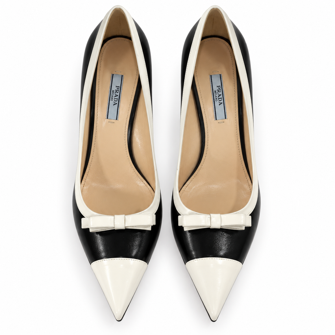 Prada Black & White Leather Bow Pointed-Toe Pumps - 37.5