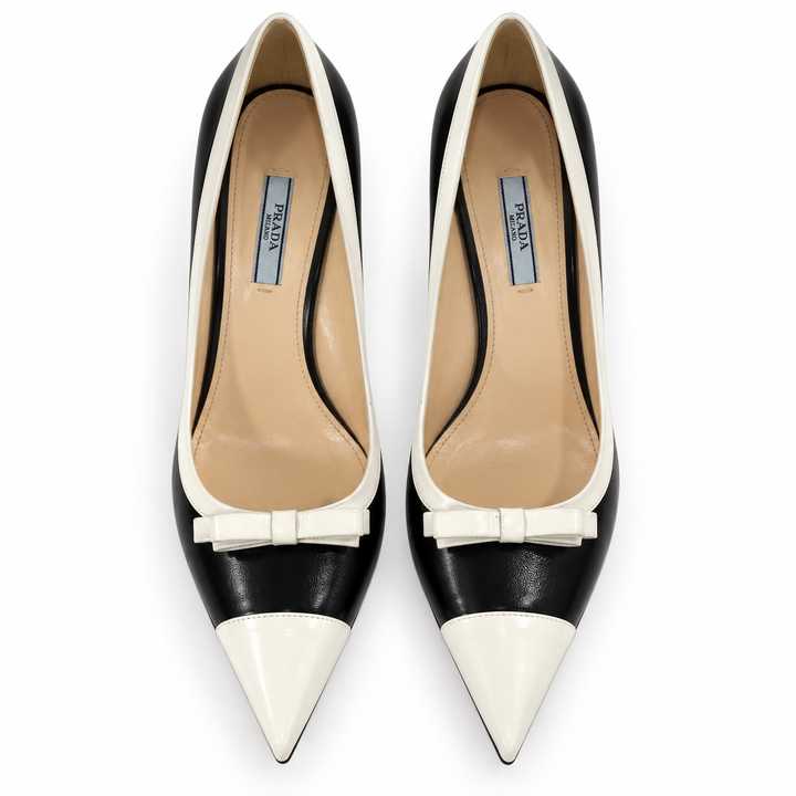 Prada Black &amp; White Leather Bow Pointed-Toe Pumps - 37.5