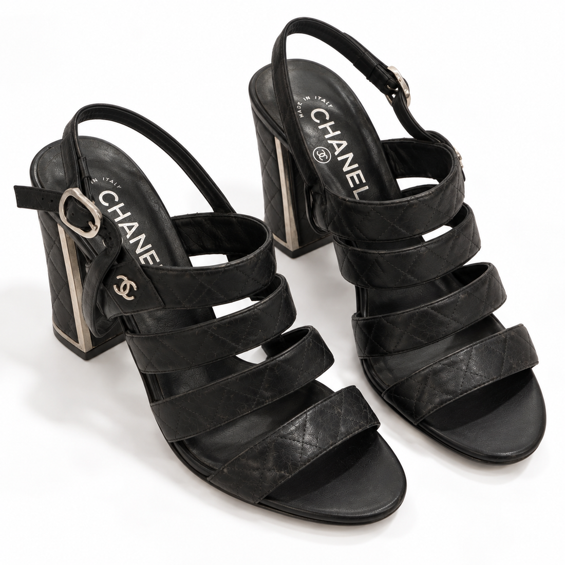 Chanel Black Quilted Leather Strappy Block-Heel Sandals - 38.5