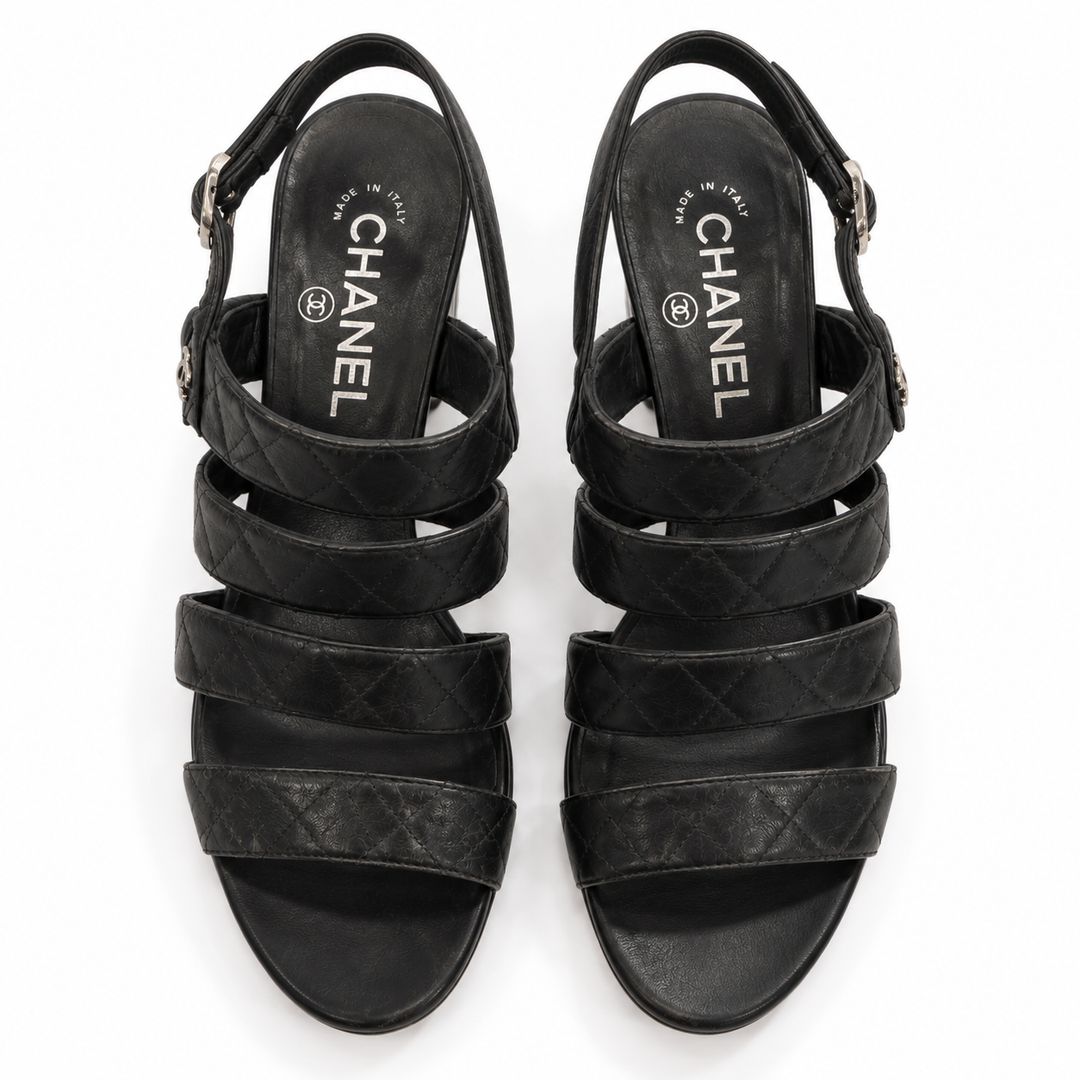 Chanel Black Quilted Leather Strappy Block-Heel Sandals - 38.5
