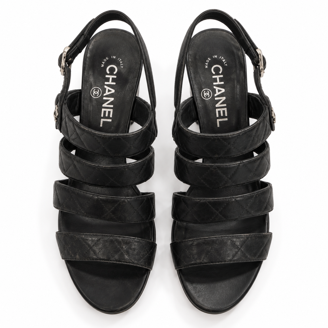 Chanel Black Quilted Leather Strappy Block-Heel Sandals - 38.5