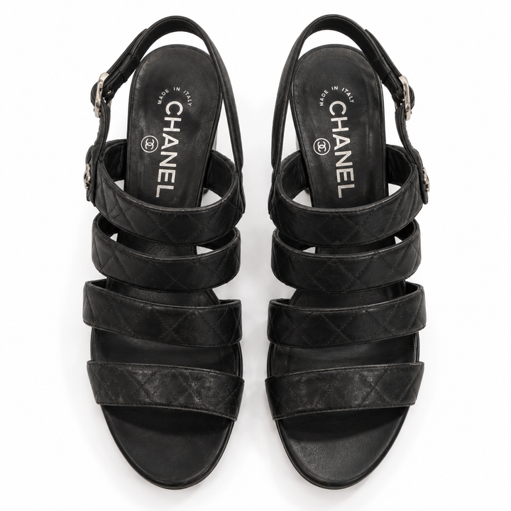 Chanel Black Quilted Leather Strappy Block-Heel Sandals - 38.5