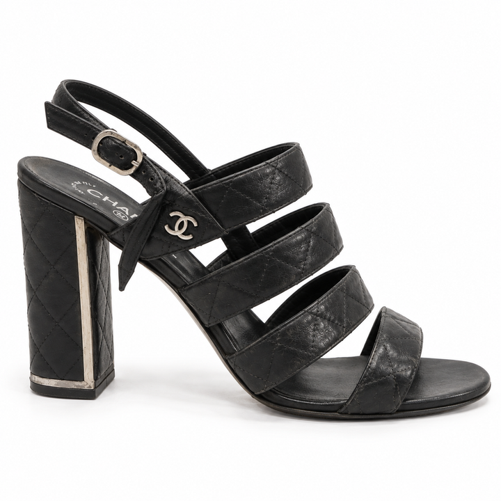 Chanel Black Quilted Leather Strappy Block-Heel Sandals - 38.5