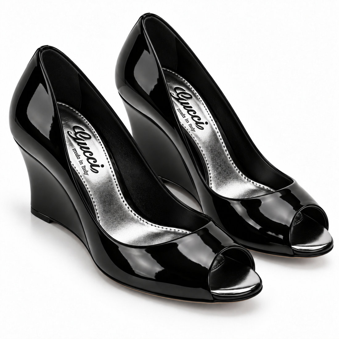 Gucci Patent Leather Peep-Toe Wedge Pumps - 38
