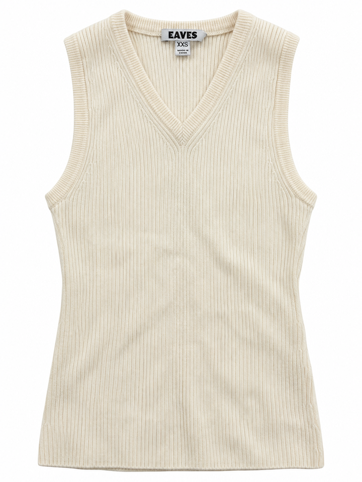 EAVES Susen Rib Knit V-Neck Top, Ivory - XXS