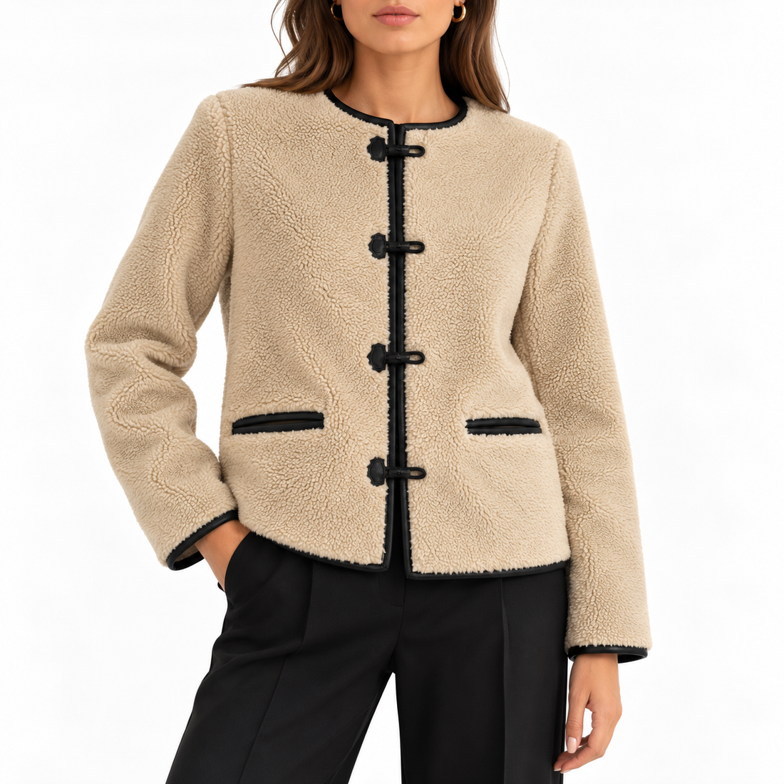 MANGO Faux-Shearling Toggle Coat, Beige/Black - XS