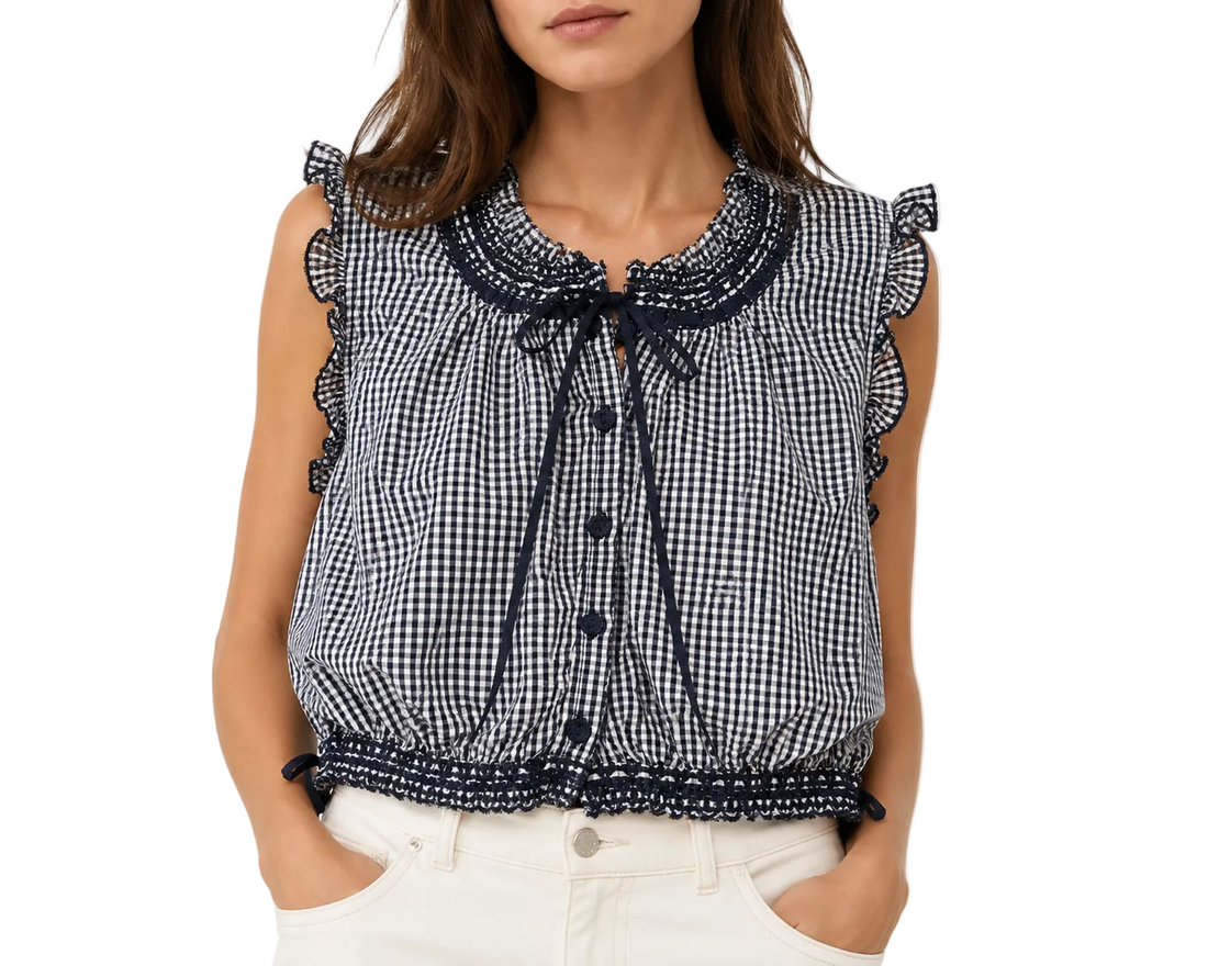 Caroline Constas Gingham Smocked Crop Top - S