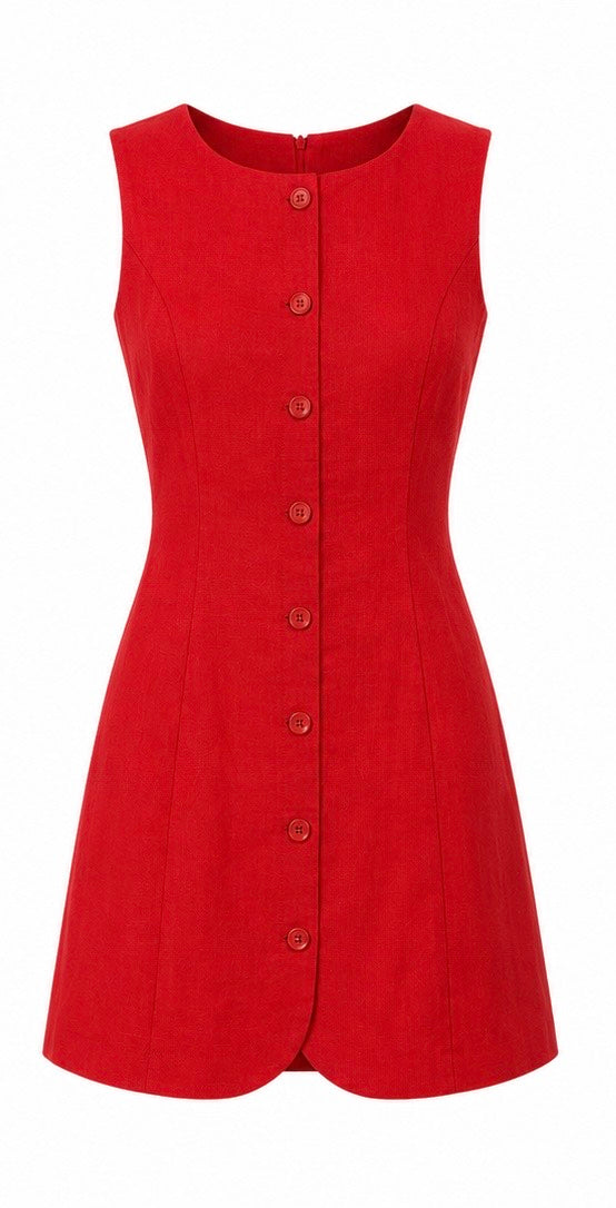 Reformation Button-Front Linen Mini Dress Cherry Red - S