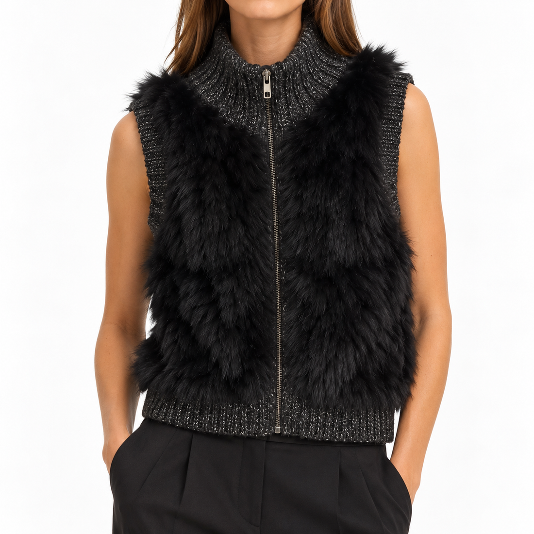 Line Rabbit-Fur Trim Knit Zip Vest, Charcoal - XS