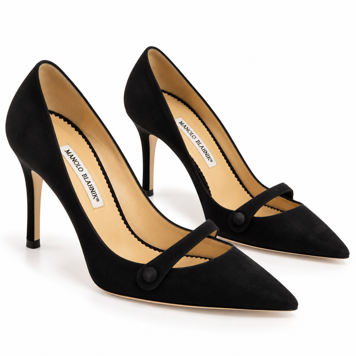 Manolo Blahnik Black Suede Mary Jane Pumps - Size 38