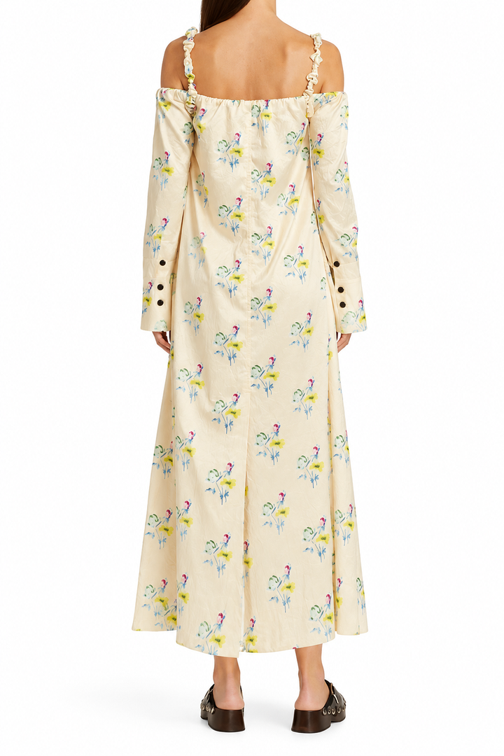 GANNI Crinkled Satin Off-Shoulder Maxi Dress, Floral Rutabaga - 34