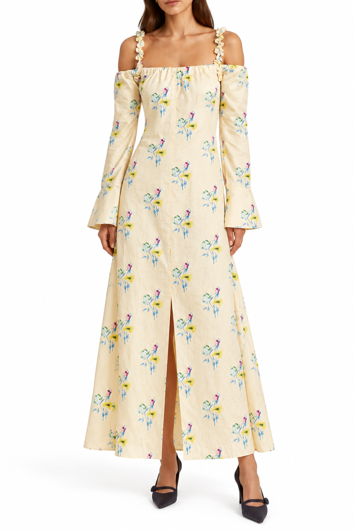 GANNI Crinkled Satin Off-Shoulder Maxi Dress, Floral Rutabaga - 34