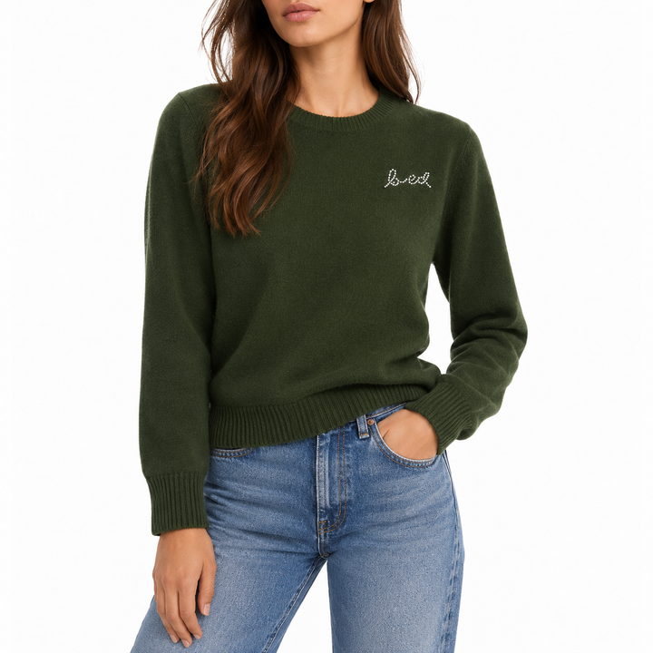 Kerri Rosenthal 100% Cashmere Heart Patch Sweater, Olive Green / Pink - S