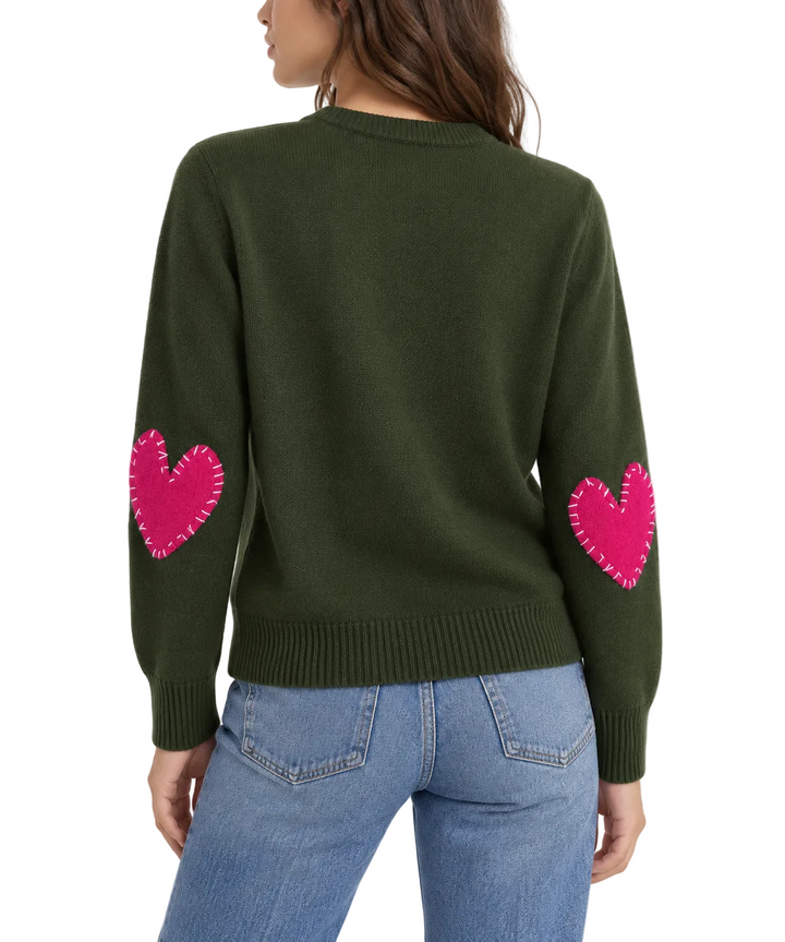 Kerri Rosenthal 100% Cashmere Heart Patch Sweater, Olive Green / Pink - S