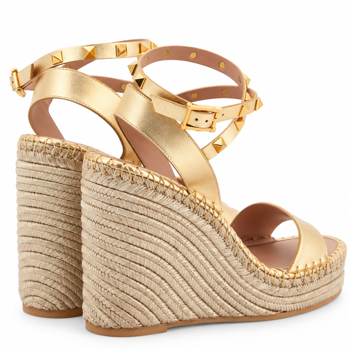 Valentino Garavani Rockstud Metallic Gold Wedge Espadrilles - 38