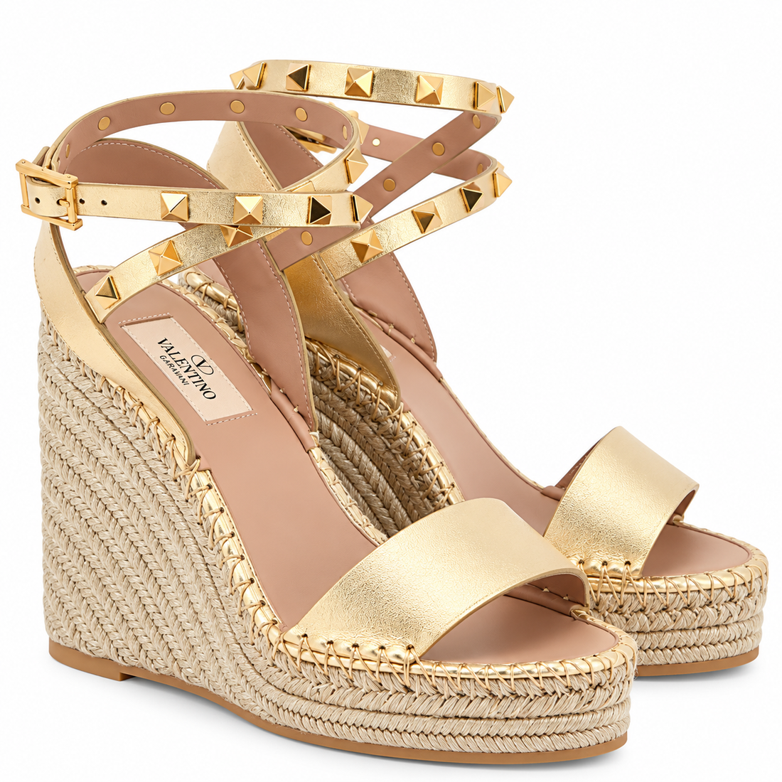 Valentino Garavani Rockstud Metallic Gold Wedge Espadrilles - 38