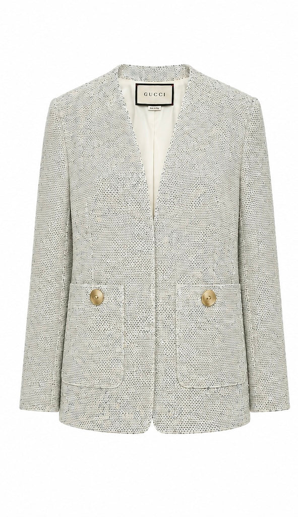 Gucci Textured Cotton/Wool Blend Collarless Jacket with Oversized Patch Pockets - 44