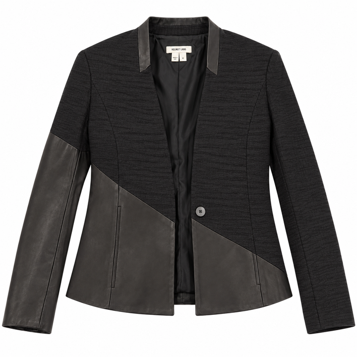 Helmut Lang Warped Leather Trim Jacket / Asymmetric Leather Combo Blazer - US 4