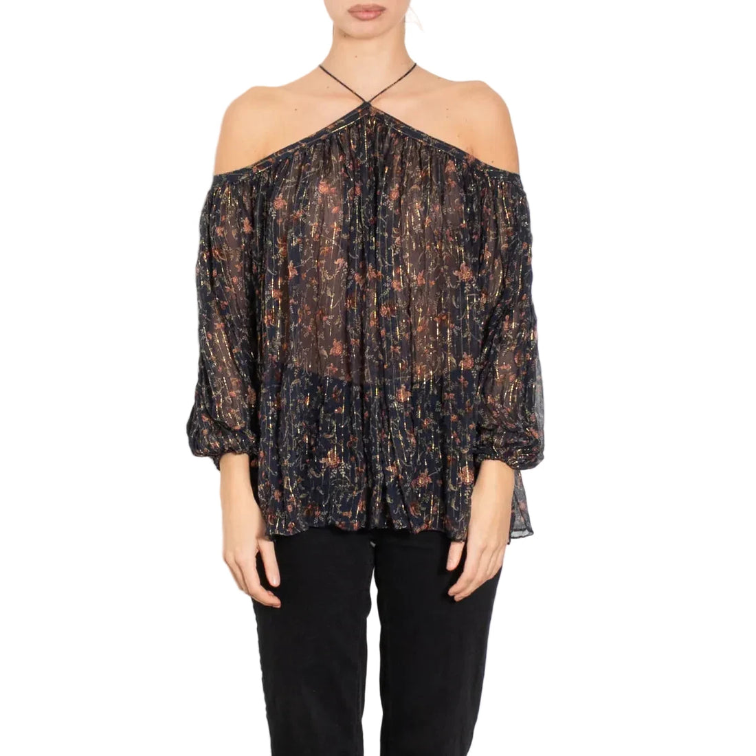 Zimmermann Blue Floral With Gold Thread Halter Neck Top - 0