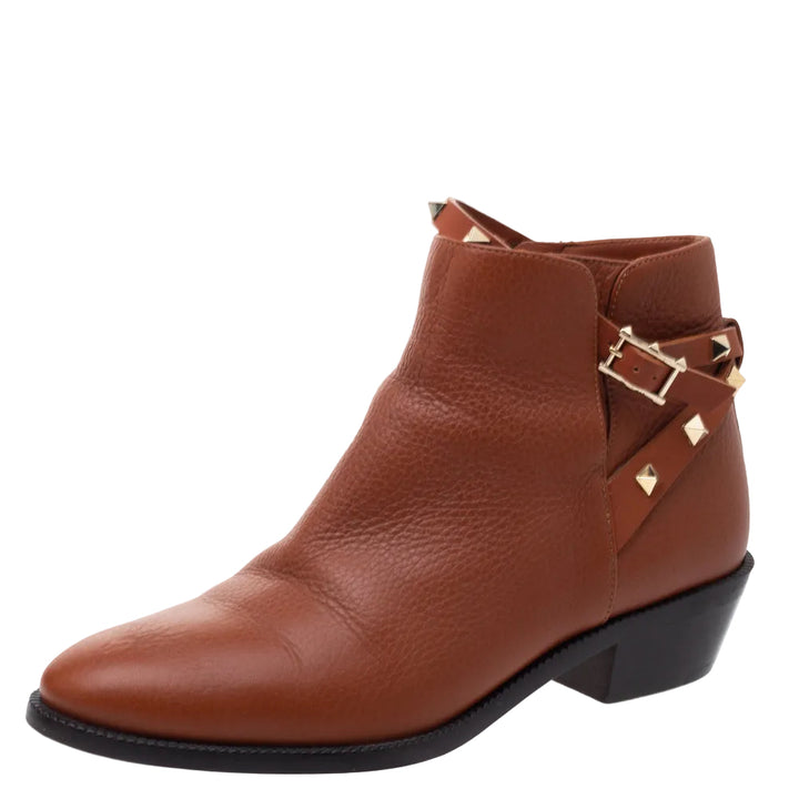 Valentino Brown Grained Leather Rockstud Ankle Boots - 39