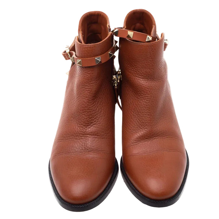 Valentino Brown Grained Leather Rockstud Ankle Boots - 39