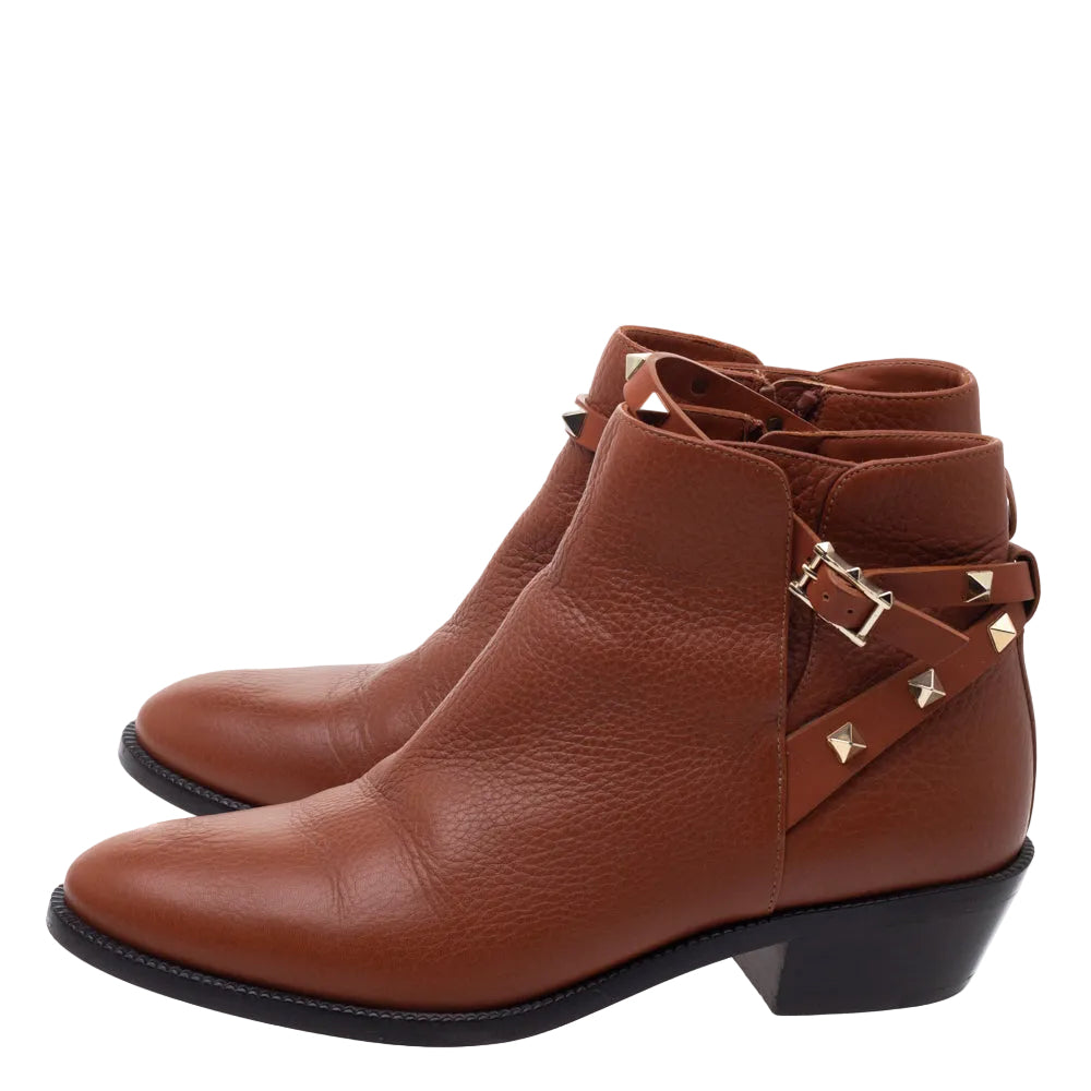 Valentino Brown Grained Leather Rockstud Ankle Boots - 39