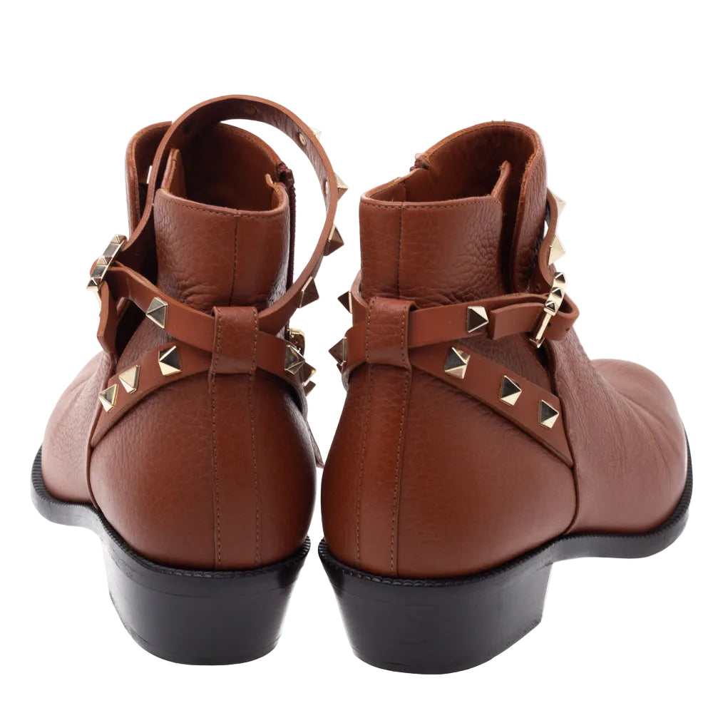 Valentino Brown Grained Leather Rockstud Ankle Boots - 39