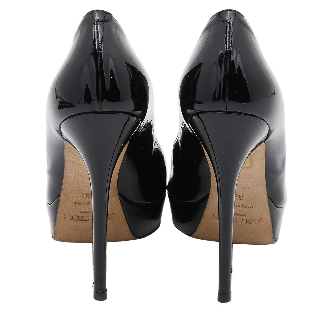 Jimmy Choo Black Patent Leather Crown Platform Peep Toe Pumps - 39