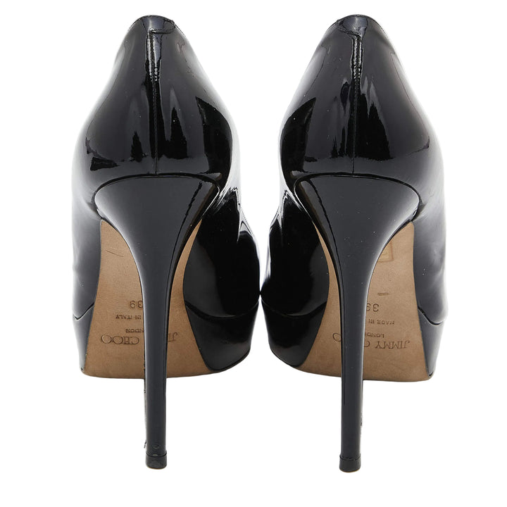 Jimmy Choo Black Patent Leather Crown Platform Peep Toe Pumps - 39