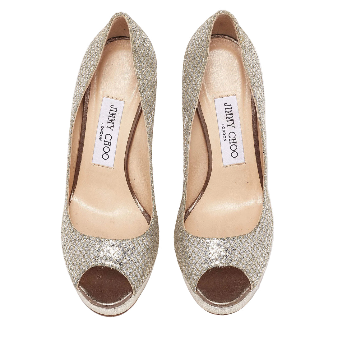 Jimmy Choo Silver/Gold Coarse Glitter Crown Peep-Toe Platform Pumps - 39.5