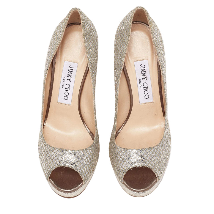 Jimmy Choo Silver/Gold Coarse Glitter Crown Peep-Toe Platform Pumps - 39.5